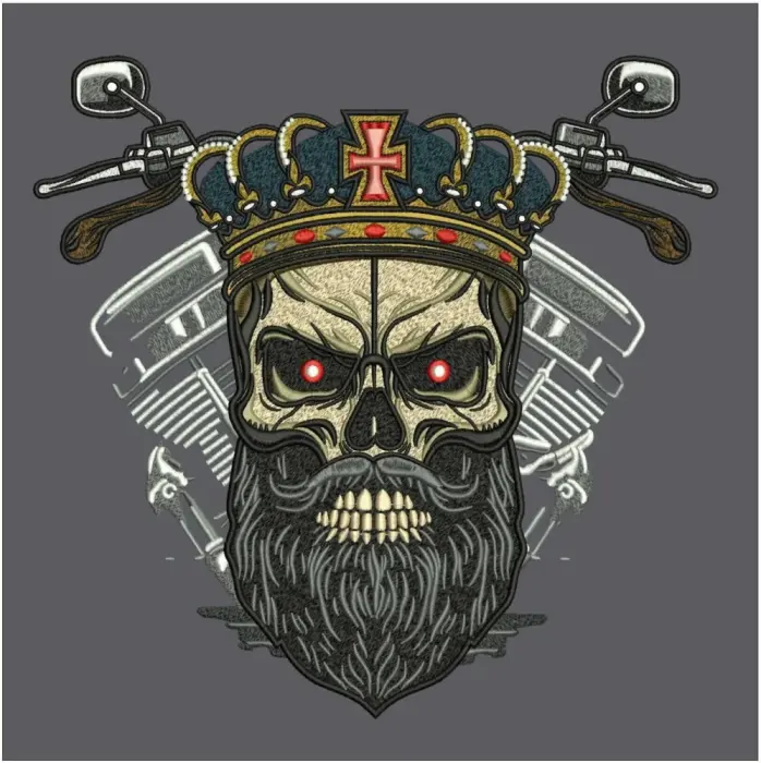 Digitized bearded skull design wearing a jeweled crown, biker theme