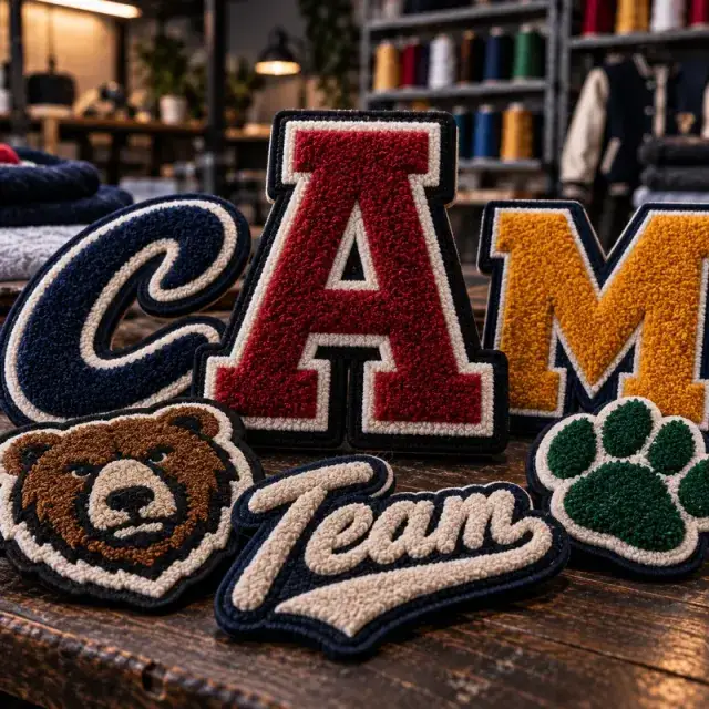 Bold varsity-style chenille letter patches and team mascot designs