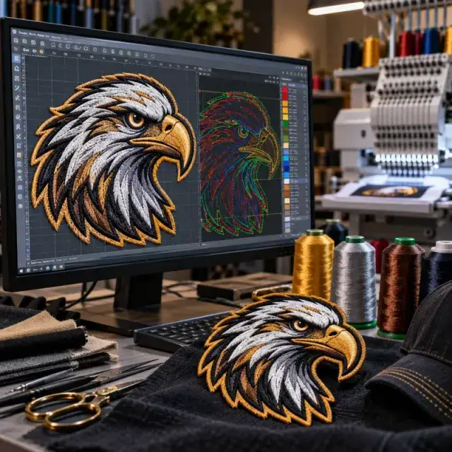 Embroidery digitizing software showing a stitch file next to the finished embroidered patch