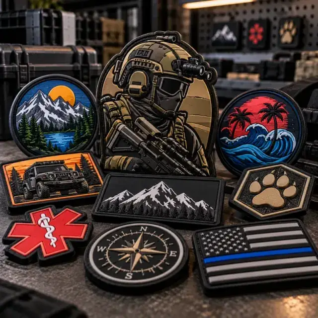 Assortment of molded PVC patch designs including tactical, nature, and flag styles