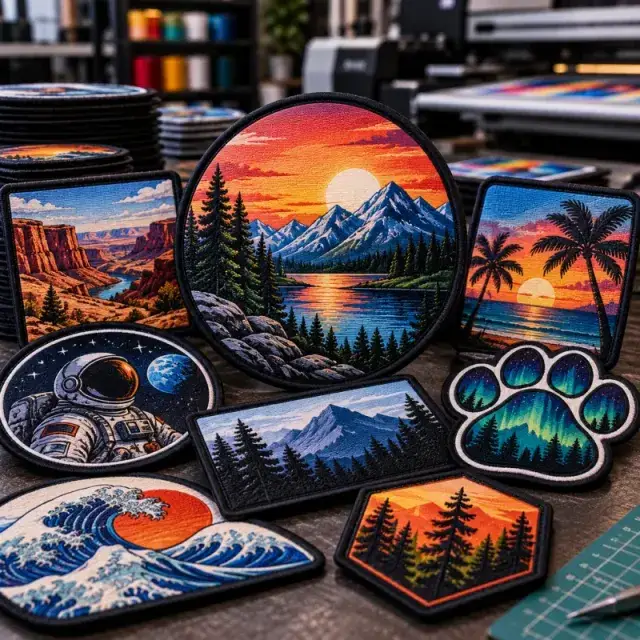 Full-color sublimated patches with landscape, ocean wave, and space designs