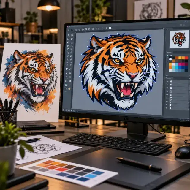 Raster artwork being redrawn as clean vector line art in design software